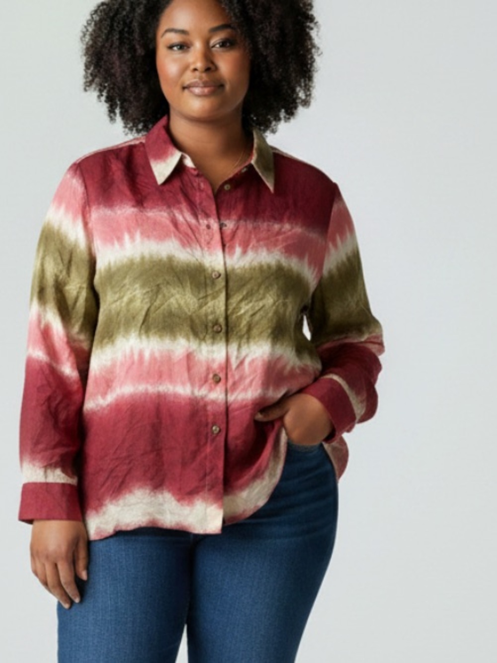 Zara Red, Olive & Cream Ombre Button-Up Shirt